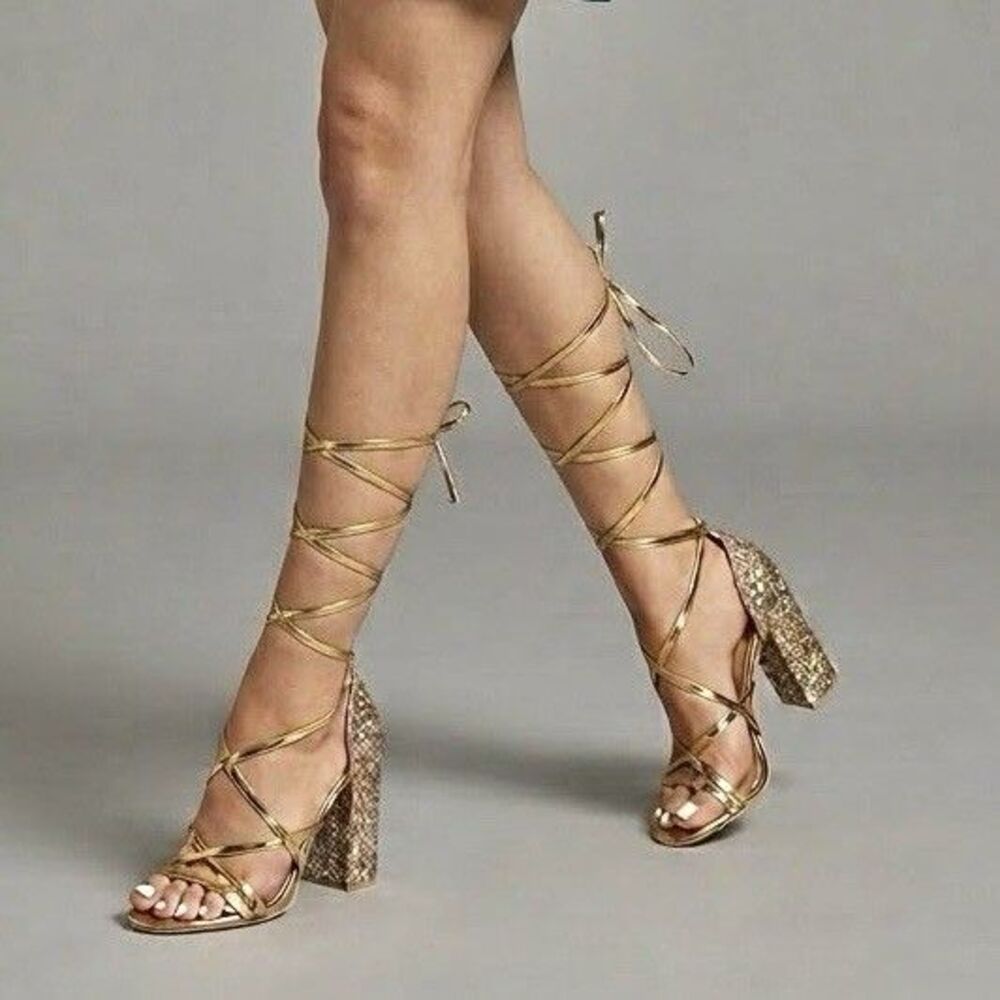 Women's Gold Metallic Glitter Lace Up Strappy Heels Shoes Wedding Sz 36 Sz 6